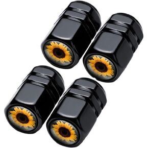 4Pcs Black Sunflower Tire Valve Stem Caps Cover, Metal Air Valve Cap, Aluminum Car Wheel Stem Caps, Universal Stem Covers for Cars, Bikes, Motorcycles, Bicycles Resistant Tire Valve Stem Caps