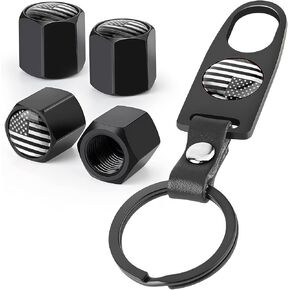 American Flag Tire Valve Caps 4 Pack + Wrench, Car Tire Valve Stem Covers, Tire Pressure Caps for Cars, Trucks, Bikes, Motorcycles & Bicycles, with O-Rubber Ring Seal Car Accessories (Black)