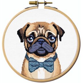 Generic Cartoon Simple Figure of Pug Dog 11CT Stamped Cross Stitch Kits Easy for Beginners Child with Hoop Needlepoint Counted Embroidery Kits Art Craft Wall Decor 12x12IN(4)