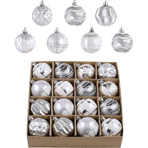 Valery Madelyn Christmas Tree Decorations Set, 16ct White and Silver Shatterproof Christmas Ball Ornaments Bulk, 2.36 Inches Elegant Hanging Ornaments for Christmas Trees Xmas Holiday Decor
