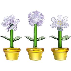 LONGWIN 4pcs Cute Mini Crystal Flower Figurines Hand Blown Glass Spring Bouquet Flower Collectible Figurine Lucky Home Decor Ornaments Gift Idea for Mothers Day, Birthday, Christmas Day