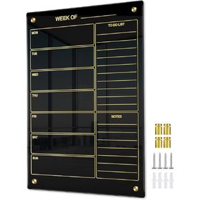 Black Glass Dry Erase Board, 35.4 X 23.6 inches Glass Weekly Calendar for Wall, Golden Panel, Frameless Menu Meal Planning to-Do List White Board for Home Office School(6090,1p)