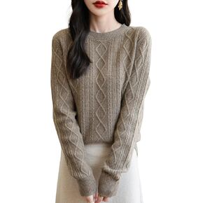 Women's 100% Merino Wool Sweater 2024 Fall Winter Basic Crewneck Warm Long Sleeve Cable Knit Pullover Sweater