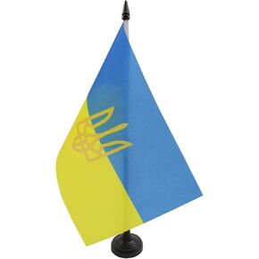 Ukraine coat of arms Table Flag 5'' x 8'' - Ukrainian Desk Flag 21 x 14 cm - Black plastic stick and base - AZ FLAG