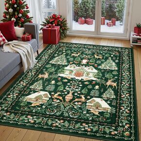 LIVEBOX Christmas Washable Area Rug 5x7, Boho Red Rugs for Living Room, Dining Room Rugs for Under Table with No-Slip Backing Vintage Soft Holiday Rug Carpet for Bedroom Office