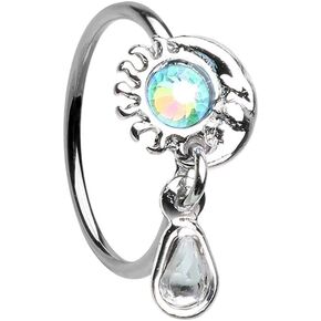 Pierced Owl 20GA Stainless Steel Aqua Sun and Crescent Moon with Dangling Gem Bendable Nose Ring