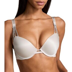 Victoria's Secret Shine Strap Push Up Bra, Adds One Cup Size, Padded, Plunge Neckline, Lace, Bras for Women, Very Sexy Collection, Black Monogram (34A)