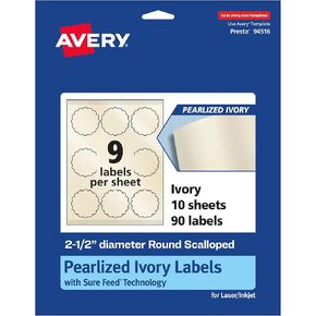 Avery Pearlized Ivory Round Scalloped Labels, 2.5" Diameter, 90 Labels, Laser/Inkjet Printable