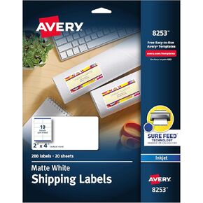 Avery Matte White Shipping Labels, Sure Feed Technology, Permanent Adhesive, 2" x 4", 200 Labels (8253)