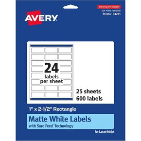 Avery Matte White Rectangle Labels with Sure Feed, 1" x 2.5", 600 Matte White Printable Labels