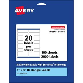 Avery Matte White Rectangle Labels with Sure Feed, 1" x 4", 500 Matte White Printable Labels