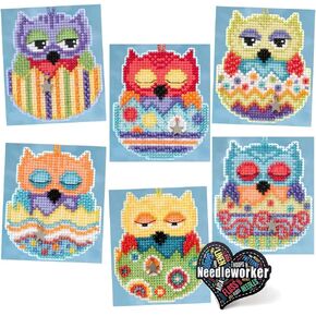 Charming Owls Mill Hill Beaded Cross Stitch Ornament Kits (2015) Set of 6 Owlets, Plus Decorative 'Needleworker' Sticker