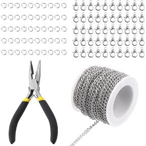 Rustark 102Pcs 4mm 30 Feet Black Jewelry Making Chains Kit Thin Necklace Bracelet Chain Twisted Links Curb Chain with Jump Rings Lobster Clasps and Pliers for Bracelet Necklace Jewelry Making