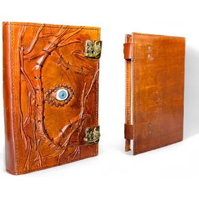 Spell Book Vintage Leather Journal with Lock Clasp Refillable 6x9 Notebook with Witch Magic Eye Cover Ideal for Sketching, Writing, Drawing, Journaling, & Witchcraft Wiccan Halloween Decorations Prop