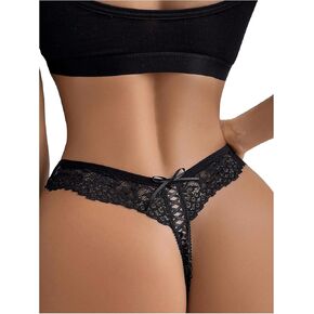 OYOANGLE Women's Floral Lace Bow Knot Lace Up Lingerie Thongs See Through Low Rise Panties Underwear