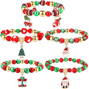Christmas Beaded Bracelets Santa Candy Cane Hat Charms Bracelets Xmas Tree Car Sock Gift-box Stretch Bracelets Set Green and Red Beads Bracelet for Women Girls Holiday Jewelry Gifts