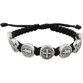 Small Woven Bracelet with Seven Saint Benedict Medals | Black Cord and Silver Tone Metal Beads | Patron Saint of Students and Europe | Great Catholic Gift for First Holy Communion