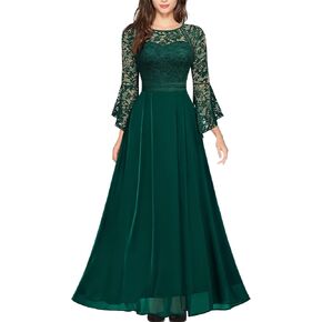 MISSMAY Women's Formal Lace Chiffon Bell Sleeve Wedding Party Long Dress