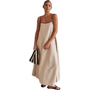 CHARTOU Women Summer Spaghetti Straps Linen Sleeveless Maxi Long Flowy Dress