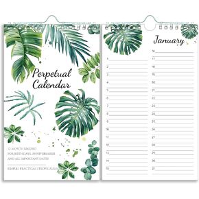 Perpetual Calendar – Undated Calendar 12-Month for Birthday, Anniversaries, Important Days, Festivals Reminder, 6’’ x 10’’ with 2 Lines Per Days, Twin-wire Binding, Thicker Paper, Tropical Green Leaf