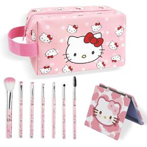 Cute Makeup Bag Set, 1 Makeup Bag and 7 Makeup Brush and 1 Compact Mirror, PU Leather Travel Cosmetic Bag, Gifts for Women Girls