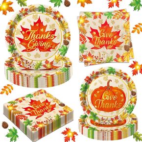 Oigco 144 PCS Thanksgiving Party Supplies Kit, Serves 48 Fall Party Decorations Includes Dinner Plates, Dessert Plates, Napkins for Give Thanks Pumpkin Maple Leaves Party Decorations