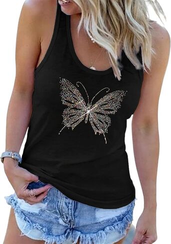 Avanova Women Butterfly Rhinestone Graphic Tank Tops Sleeveless Summer Shirt in Saudi Arabia