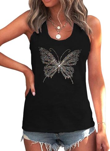Avanova Women Butterfly Rhinestone Graphic Tank Tops Sleeveless Summer Shirt in Saudi Arabia