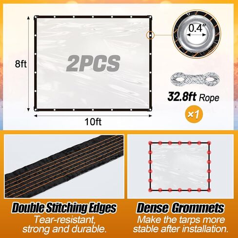 8x10ft Clear Tarps - 2 Pcs Anti-Tear Poly Tarpaulin, Heavy Duty Waterproof Transparent Patio Enclosure with Grommets Rope for Covering Chicken Coops Greenhouse Garden Plants in Saudi Arabia