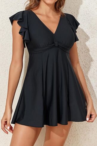 Smismivo Swim Dress One Piece Tummy Control Swimsuit with Skirt Modest Bathing Suit for Women V Neck Ruffle Sleeve Swimdress in Saudi Arabia