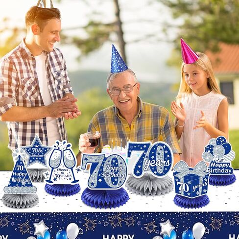 8Pcs Blue 70th Birthday Decorations Navy Blue Silver Happy 70th Birthday Table Honeycomb Centerpieces for Table Decor 70th Birthday Table Topper for Men Women 70th Birthday Anniversary Party Supplies in Saudi Arabia