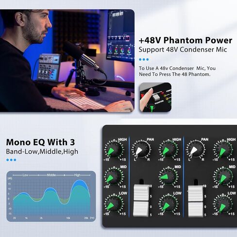 لوحة صوت محمولة مزودة بـ 7 قنوات تعمل بتقنية البلوتوث مع واجهة USB DJ Mixer MP3 ومصدر طاقة 48 فولت لتسجيل الكمبيوتر، وحدة تحكم خلط لتسجيل الاستوديو in Kuwait