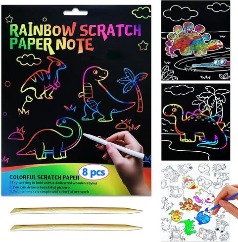 JUNQIU Scratch Art for Kids, Rainbow Scratch Paper Art Set - Animals, Arts and Crafts for Kids Ages 4-8 Girls Boys, Kids Activity & Christmas Crafts, Stocking Stuffers for Kids in Saudi Arabia