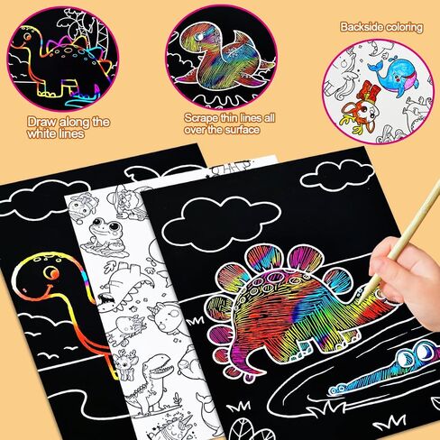 JUNQIU Scratch Art for Kids, Rainbow Scratch Paper Art Set - Animals, Arts and Crafts for Kids Ages 4-8 Girls Boys, Kids Activity & Christmas Crafts, Stocking Stuffers for Kids in Saudi Arabia