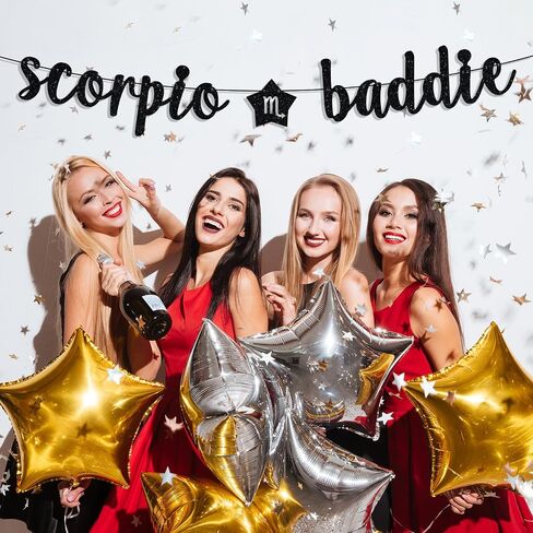 Scorpio Baddie Banner, Scorpio Happy Birthday Decor, 12 Constellation Zodiac Scorpio Themed Birthday Party Decorations for Boys and Girls - Black Glitter in Saudi Arabia