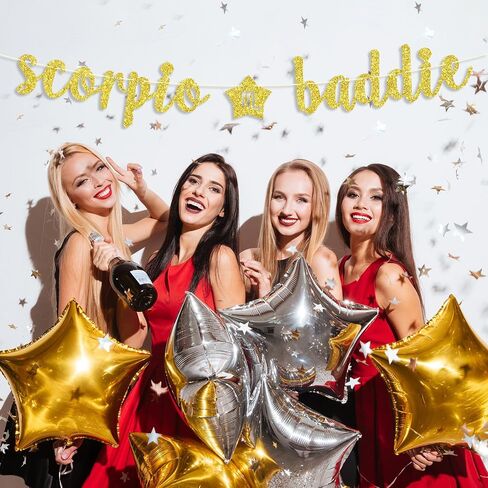 Scorpio Baddie Banner, Scorpio Happy Birthday Decor, 12 Constellation Zodiac Scorpio Themed Birthday Party Decorations for Boys and Girls - Black Glitter in Saudi Arabia