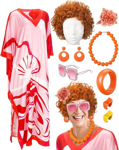 Landlady Costume Including Caftan Dress Curly Wig Necklace Earring Sunglasses Rings Hair Clip for Halloween Cosplay in Saudi Arabia