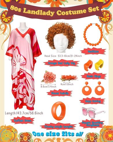 Landlady Costume Including Caftan Dress Curly Wig Necklace Earring Sunglasses Rings Hair Clip for Halloween Cosplay in Saudi Arabia