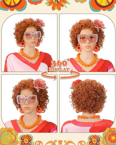 Landlady Costume Including Caftan Dress Curly Wig Necklace Earring Sunglasses Rings Hair Clip for Halloween Cosplay in Saudi Arabia