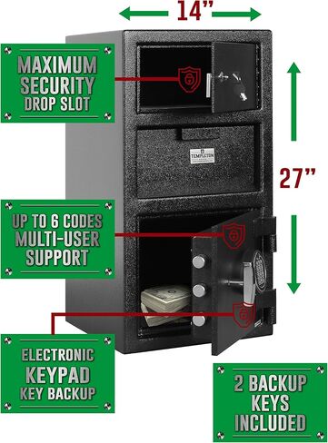 Templeton Standard Depository Drop Safe & Lock Box, Electronic Multi-User Keypad Combination Lock with Key Backup, Anti Fishing Security, 1.5 CBF Black in Saudi Arabia