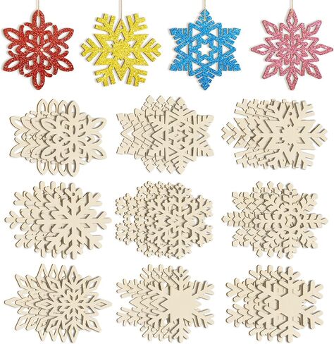 36PCS Hollow Wooden Snowflake Ornaments for Paint Christmas Tree Decorations 9 Styles, Unfinished Wood Snowflakes for Crafts DIY Blank Cutouts Ornament Winter New Year Hanging Decorations in Saudi Arabia