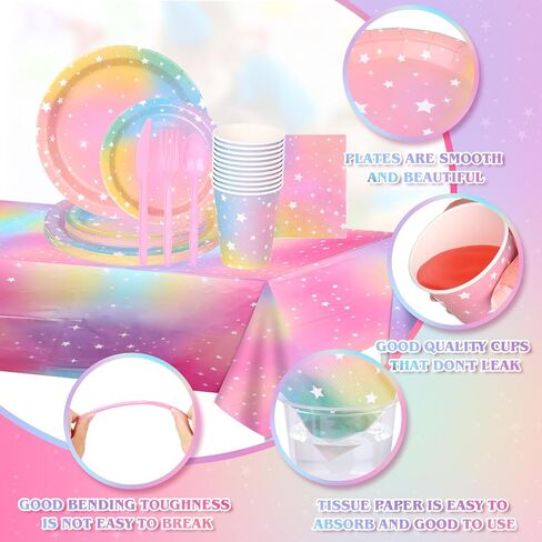 KesaPlan 193 Pack Pastel Rainbow Tableware Set, Luminous Birthday Dinnerware Disposable Paper Plates, Cups, Napkins, Tablecloth, Forks for Birthday Shower Weddings Party Decorations Supplies 24 guests in Saudi Arabia