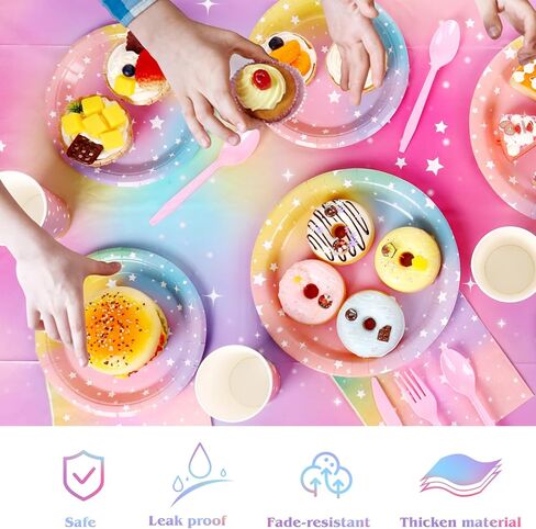 KesaPlan 193 Pack Pastel Rainbow Tableware Set, Luminous Birthday Dinnerware Disposable Paper Plates, Cups, Napkins, Tablecloth, Forks for Birthday Shower Weddings Party Decorations Supplies 24 guests in Saudi Arabia