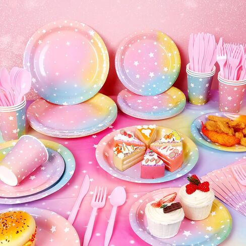 KesaPlan 193 Pack Pastel Rainbow Tableware Set, Luminous Birthday Dinnerware Disposable Paper Plates, Cups, Napkins, Tablecloth, Forks for Birthday Shower Weddings Party Decorations Supplies 24 guests in Saudi Arabia