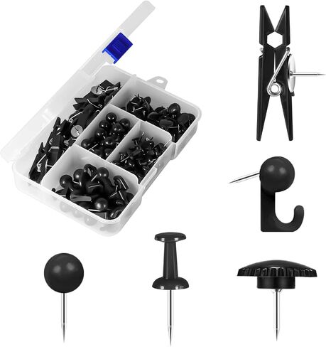 AIEX 140pcs Push Pins Set, Plastic Push Pin, Hook Pushpin, Clip Push Pins with Stainless Steel Tip, Decorative Thumb Tacks for Wall Cork Board Bulletin Board (5 Styles, Black) in Kuwait