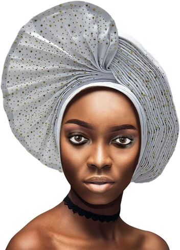 Already Made Nigerian ASO Oke Auto Gele with Stones Women Turban Hat Head Wrap African Headties Fashion Headbands for Party (Black) in Saudi Arabia