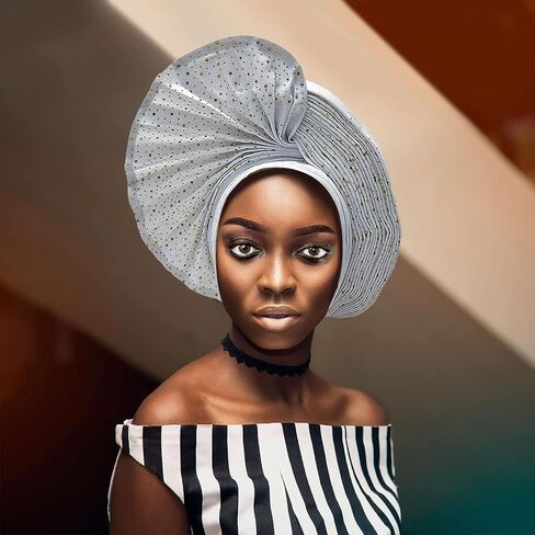 Already Made Nigerian ASO Oke Auto Gele with Stones Women Turban Hat Head Wrap African Headties Fashion Headbands for Party (Black) in Saudi Arabia
