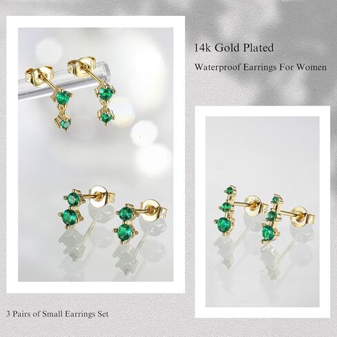 GEORGE • SMITH 14K Gold Plated Earrings for Women, 3 Pairs Cartilage Stud Earrings Set, 5A Cubic Zirconia Hypoallergenic Dainty Gold Earrings Jewelry for Women Girls Gifts in Saudi Arabia