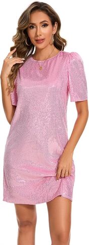 Women Puff Short Sleeve Sparkle Shift Dress Crewneck Sequin Shimmer Cocktail Party Dress in Saudi Arabia