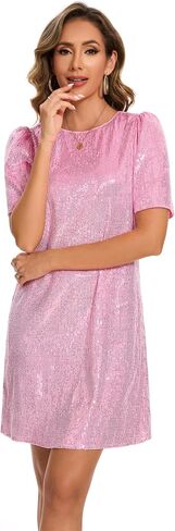 Women Puff Short Sleeve Sparkle Shift Dress Crewneck Sequin Shimmer Cocktail Party Dress in Saudi Arabia